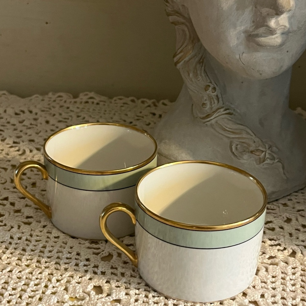 Fitz & Floyd “Renaissance” Green Elegant Gold-Trimmed White Teacup Set of Two